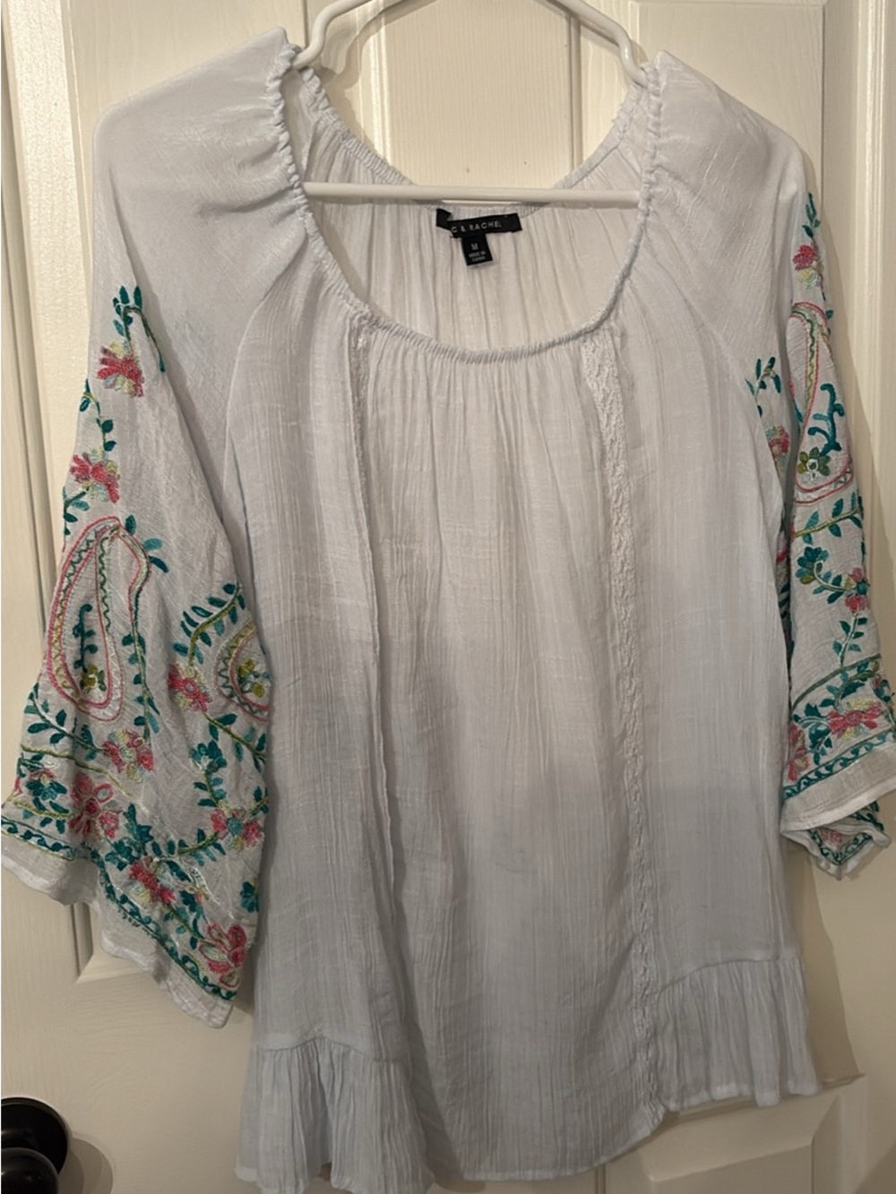 Rachel White Peasant Tunic with Teal and Pink Embroidery